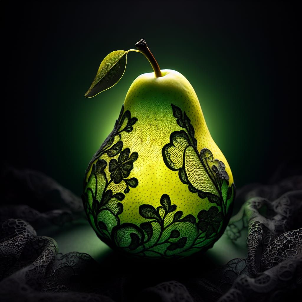 Glowing Pear Encased in Black Lace