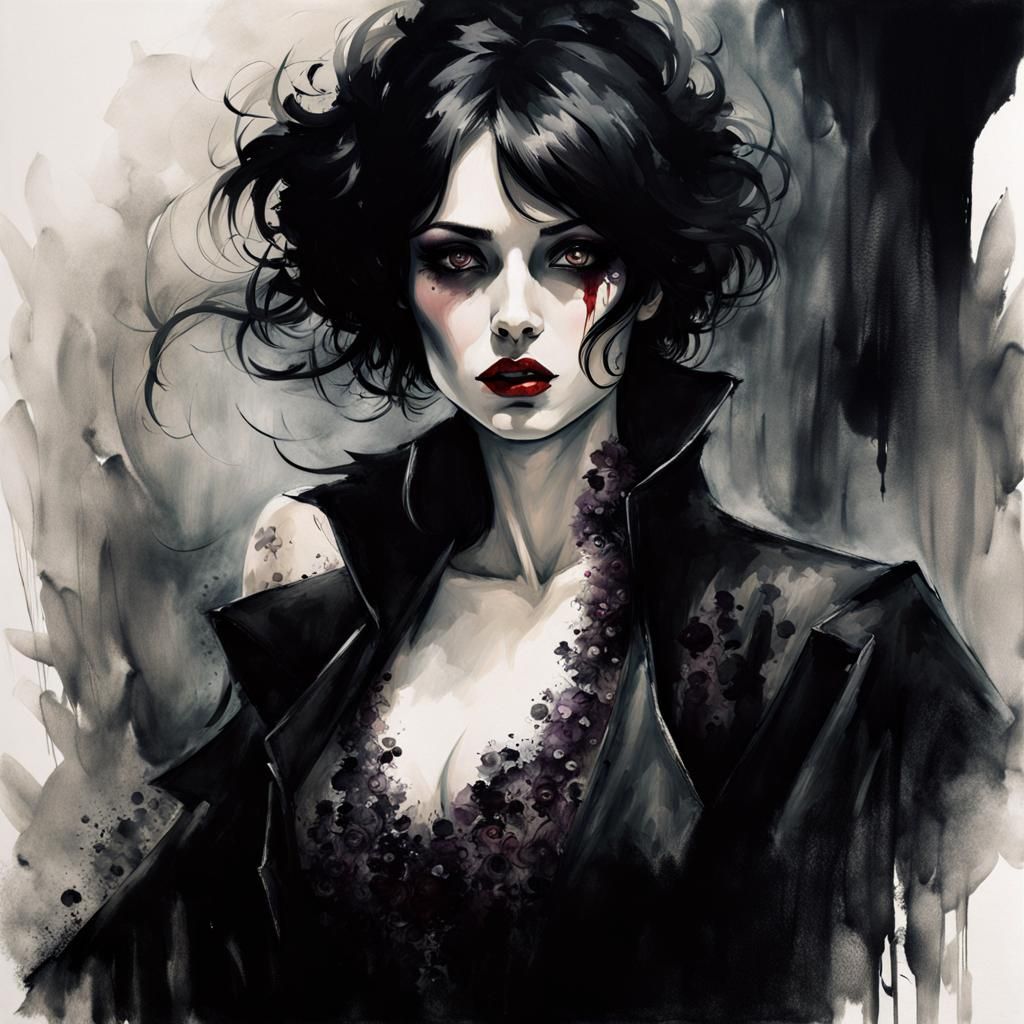 Ghostly Gothic Beauty Smoking Cigar, Modern Ink Painting