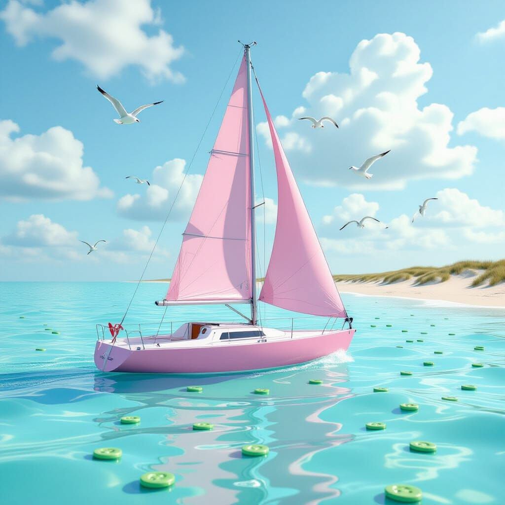 Pink Sailboat on Fabric Sea with Green Buttons