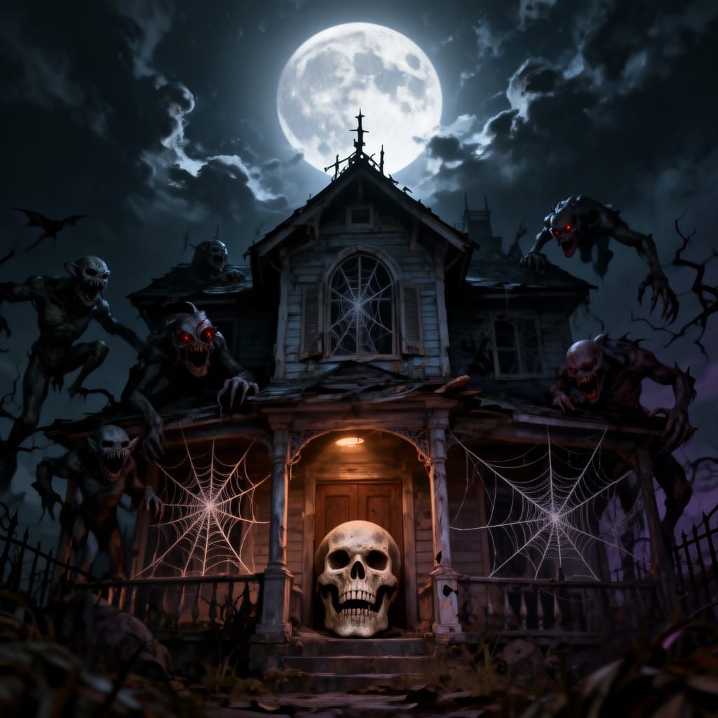 Haunted House with Scary Creatures Under Menacing Moon