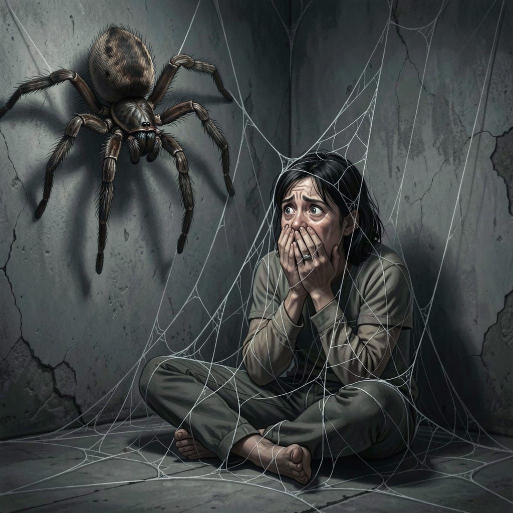 Giant Spider Traps Person in Dark Room