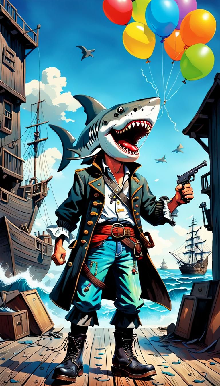 Shark Pirate in 80s Cartoon Graffiti Style