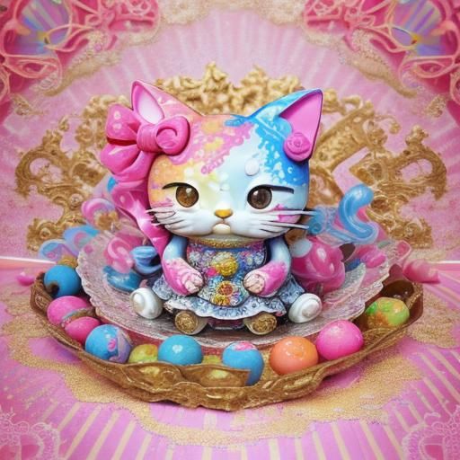 Hello Kitty as Maneki Neko in Rococo Candy Art
