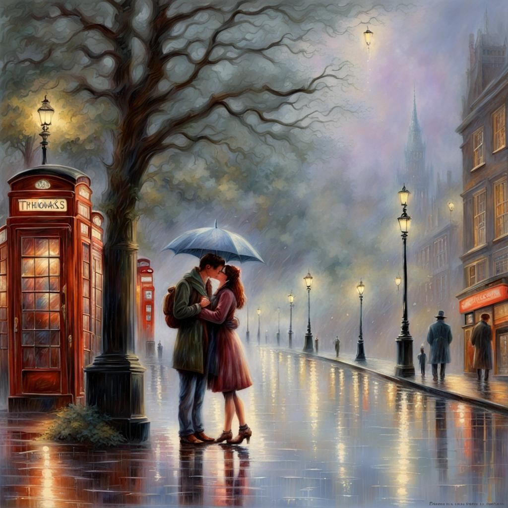 Teen Romance in Rainy London: Kinkade-esque Fantasy