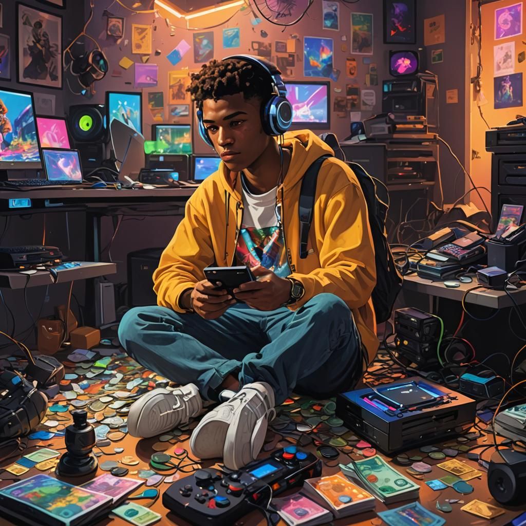 Teenager's Gaming Setup as Vibrant Oil Painting