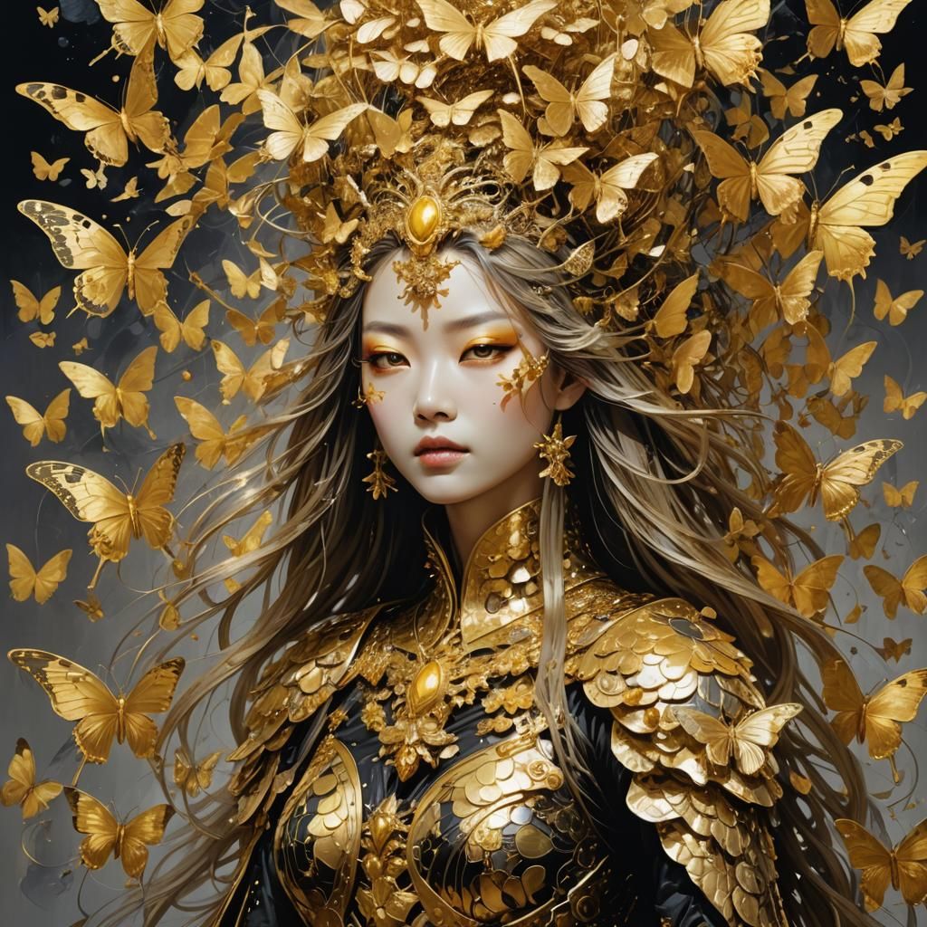 Butterfly Empress in Gold Armor, Art Nouveau Style