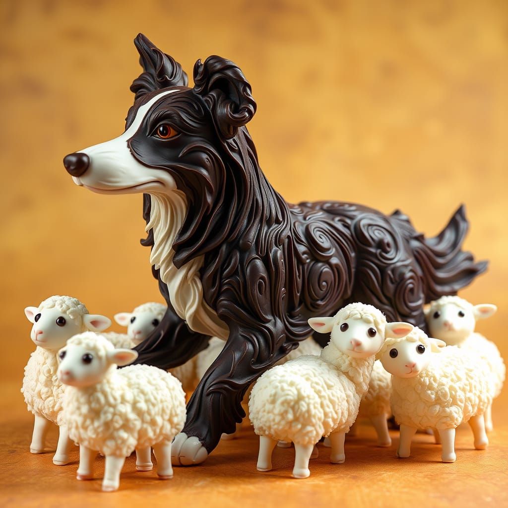 Surreal Chocolate Border Collie Herds Marshmallow Sheep