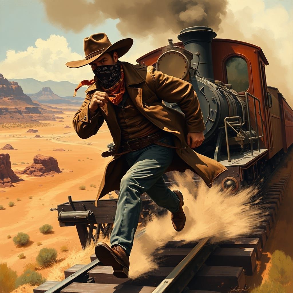 Cowboy Train Robbery in Old West Style
