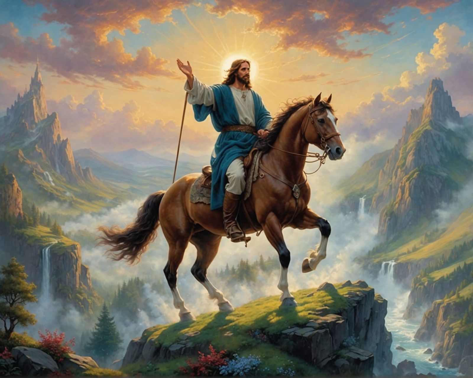 Jesus on Stallion: Ethereal Oil Painting