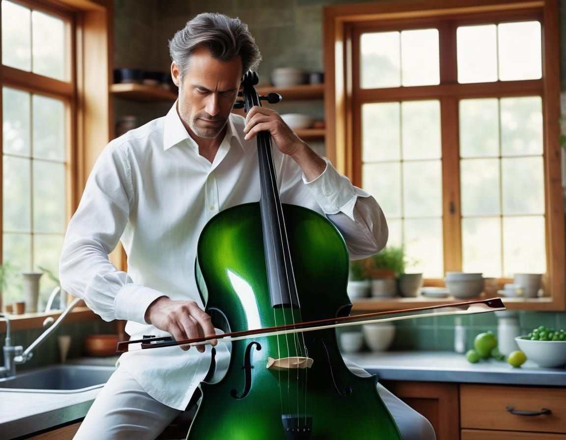 Man Plays Vibrant Green Jello Cello in Sunny Kitchen