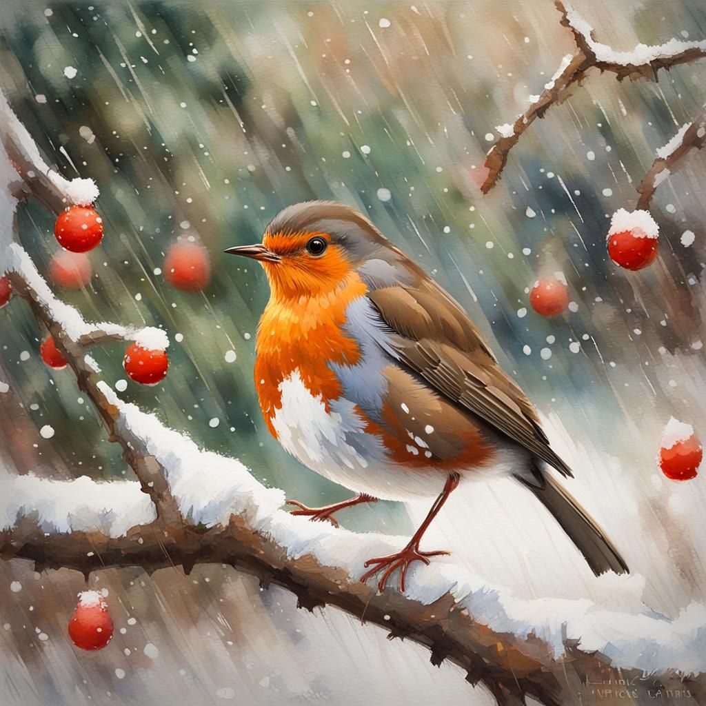 Robin in Winter Garden: Gouache Watercolor Painting