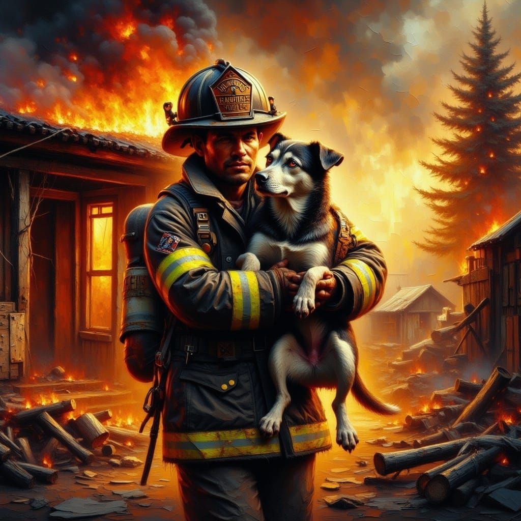 Heroic Firefighter Cradles Grateful Dog Amidst Burning Ruins