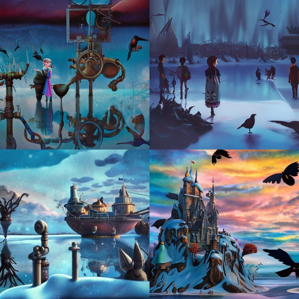 Vibrant Frozen Crows in a Retro Anime Wonderland