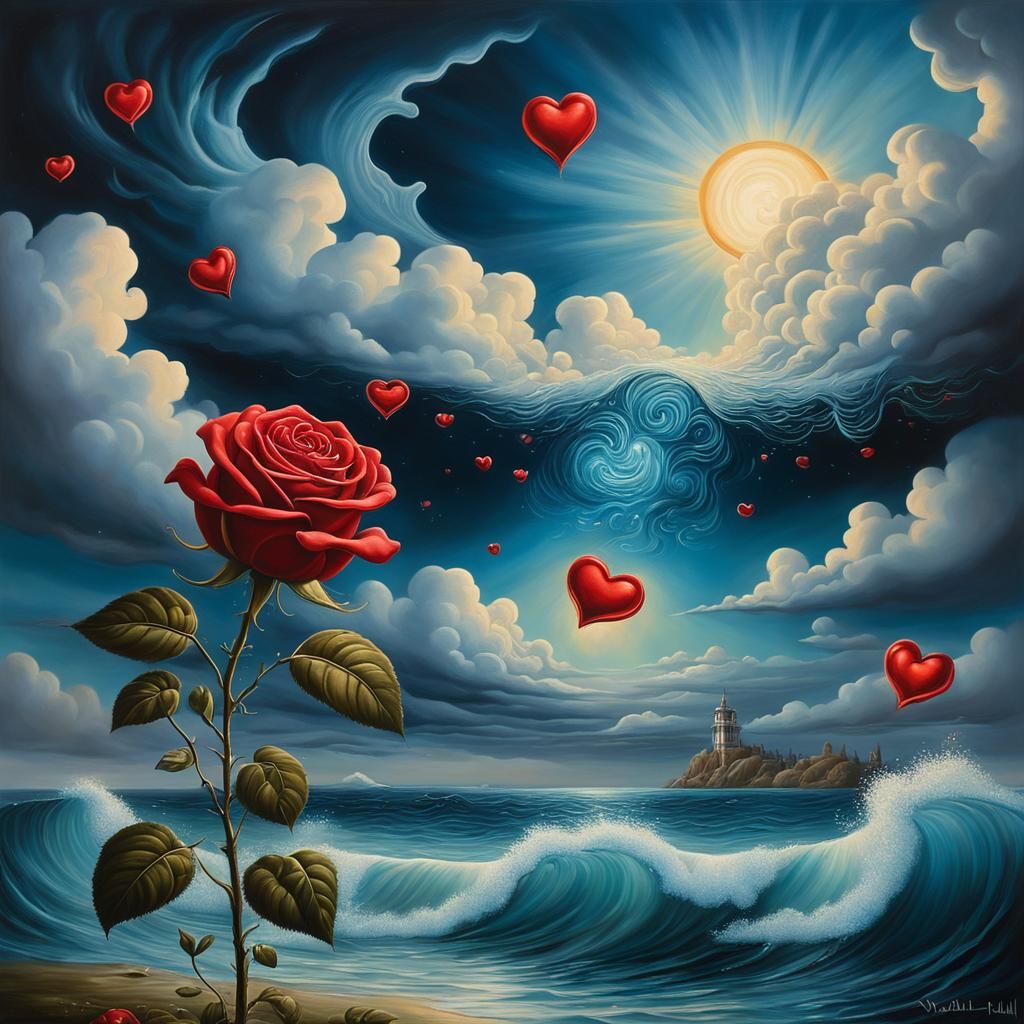 Surreal Stormy Sea with Hearts and Roses