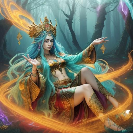 Mystical Forest: Regal Figure with Turquoise Hair
