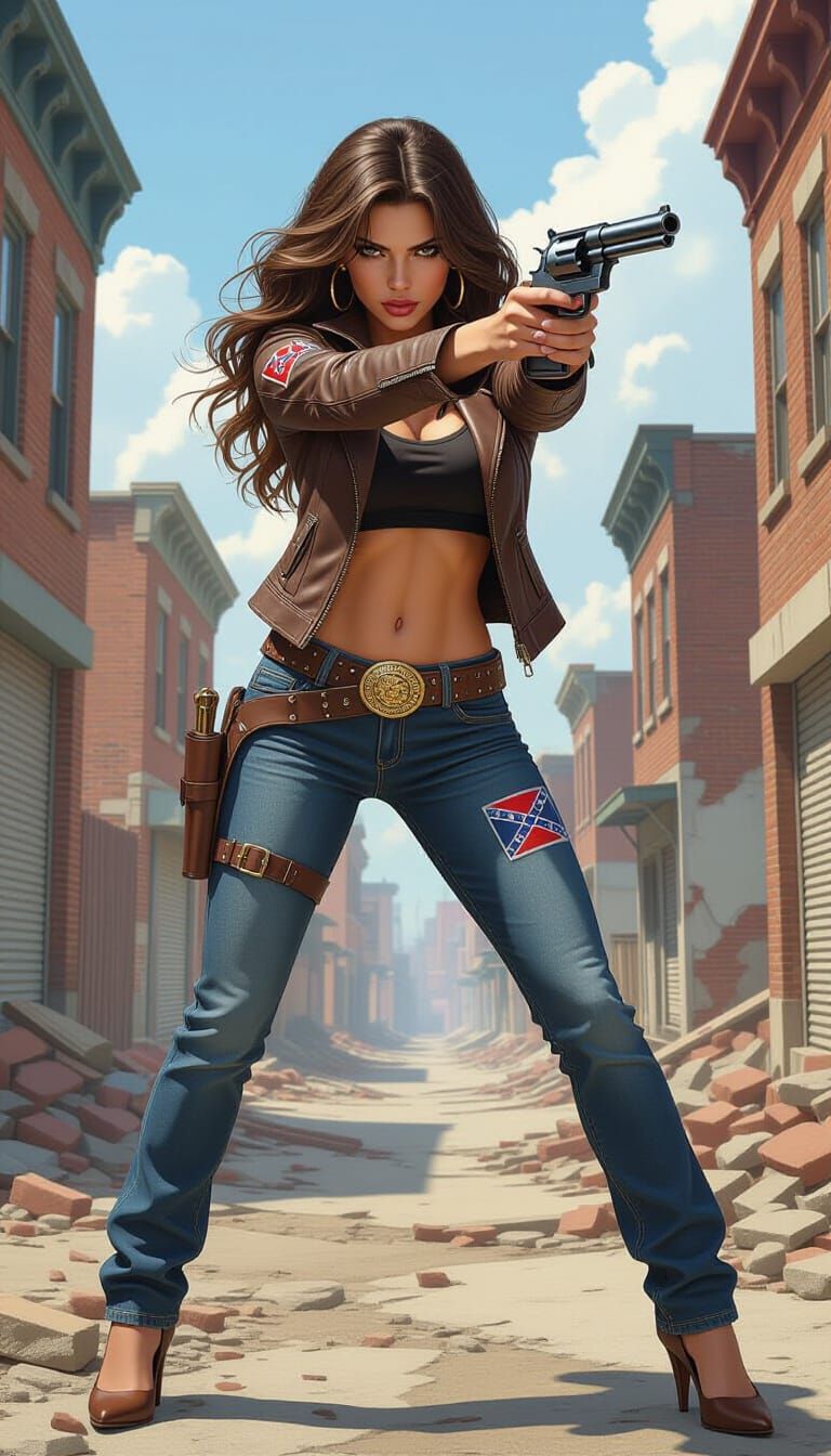 Brunette with Revolver in Slums: Hyperrealistic Splash Art