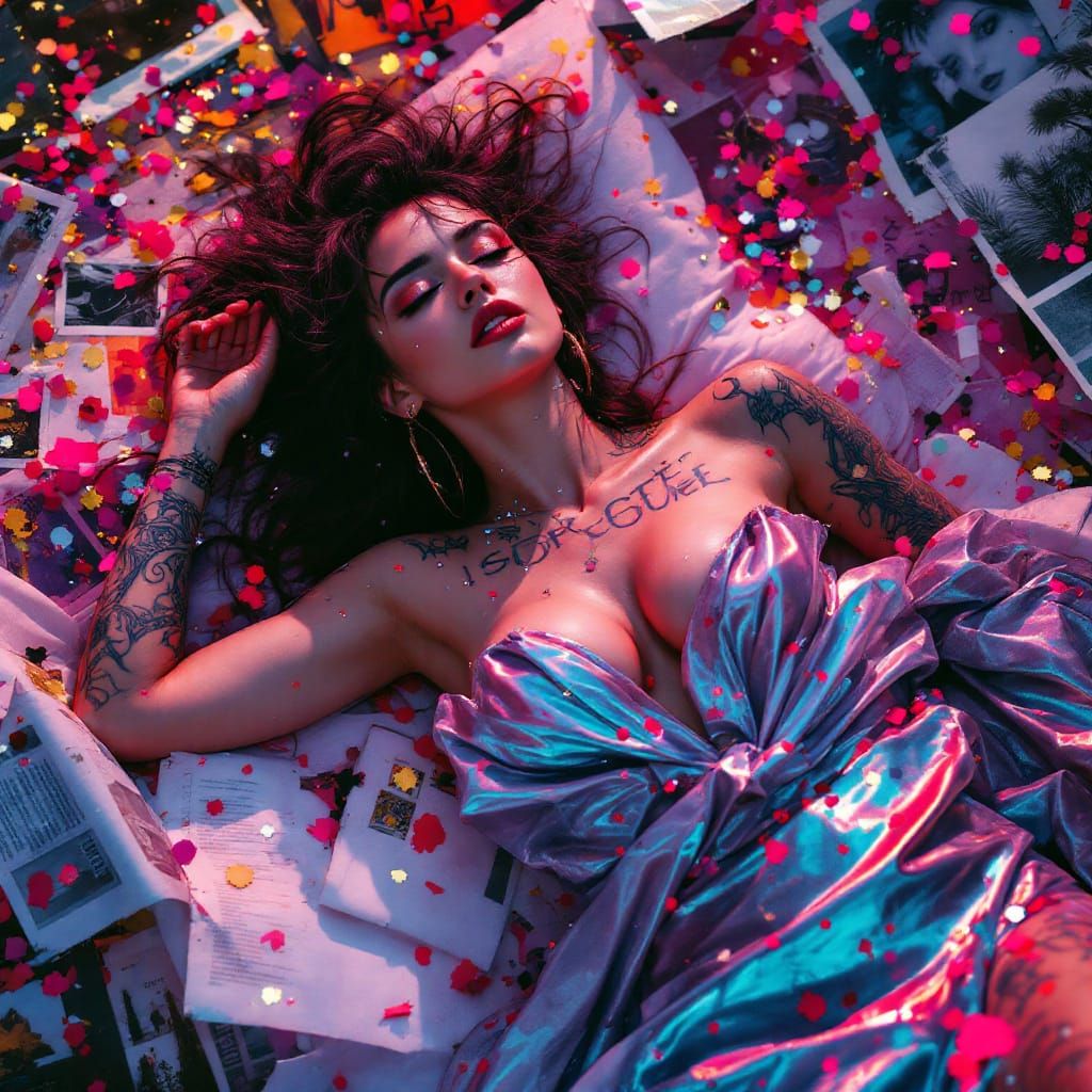 Dreamy Woman in Metallic Gown with Neon Reflections