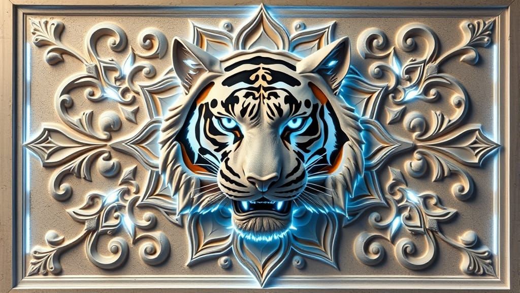 Tiger Mandala Plaster Frieze with Neon Lights