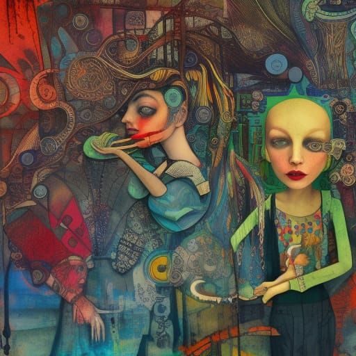 Modern Art Collage of Workers in Ink and Watercolor