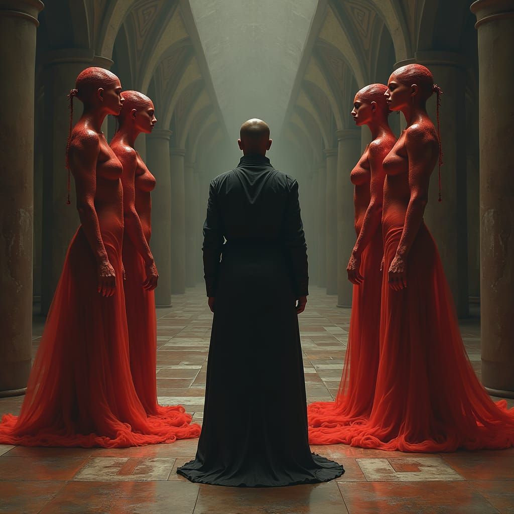 Vermilion Elegance: A Surreal Hall Encounter