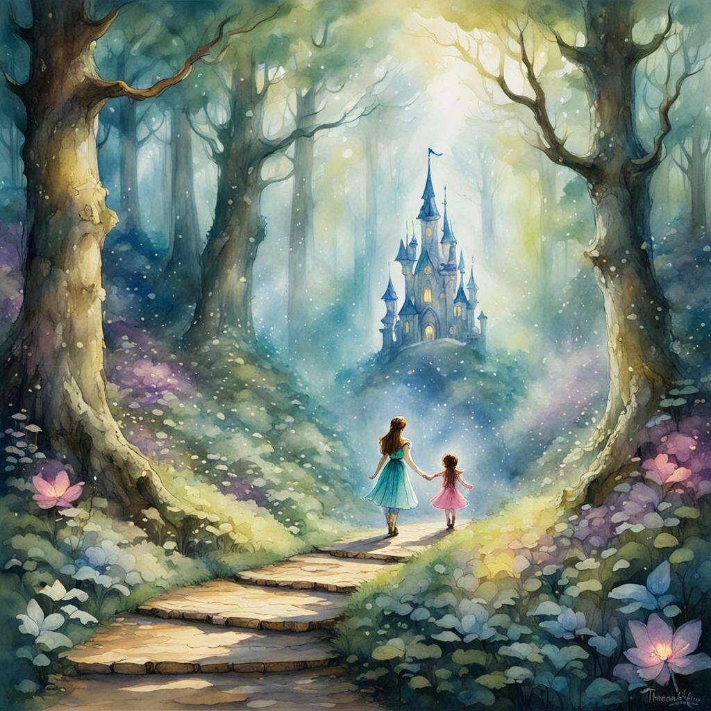 Enchanted Fairy Guiding Child Through Storybook Forest