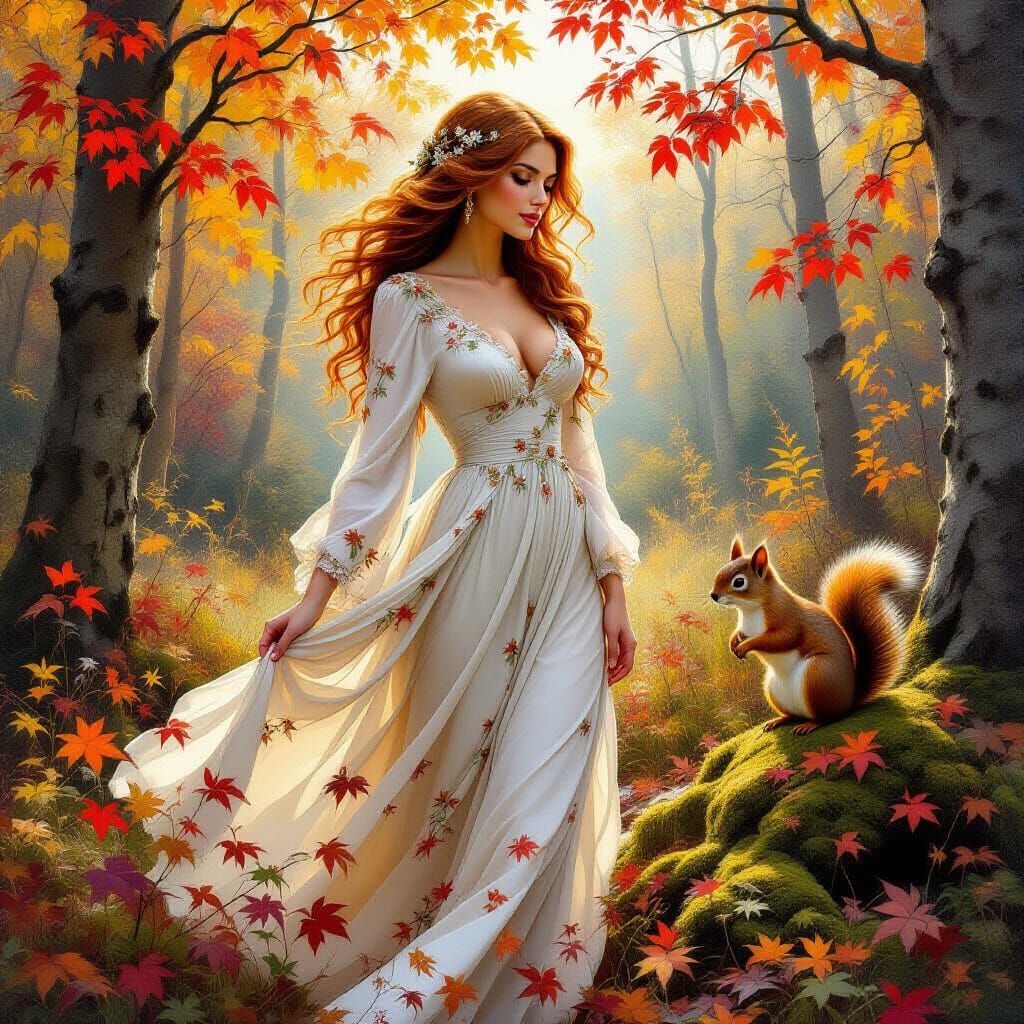 Elegant Woman in Autumn Forest: Hyperrealistic Oil Painting