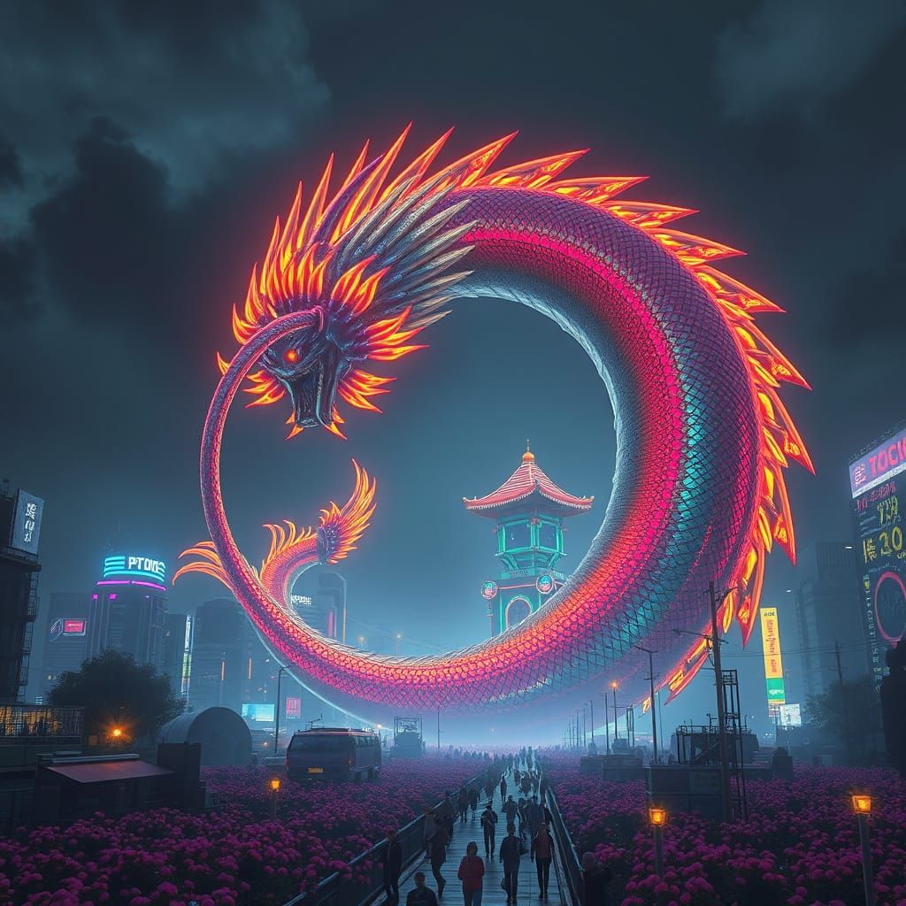 Ethereal Dragon Engulfs Futuristic Skyscraper in Iridescent ...