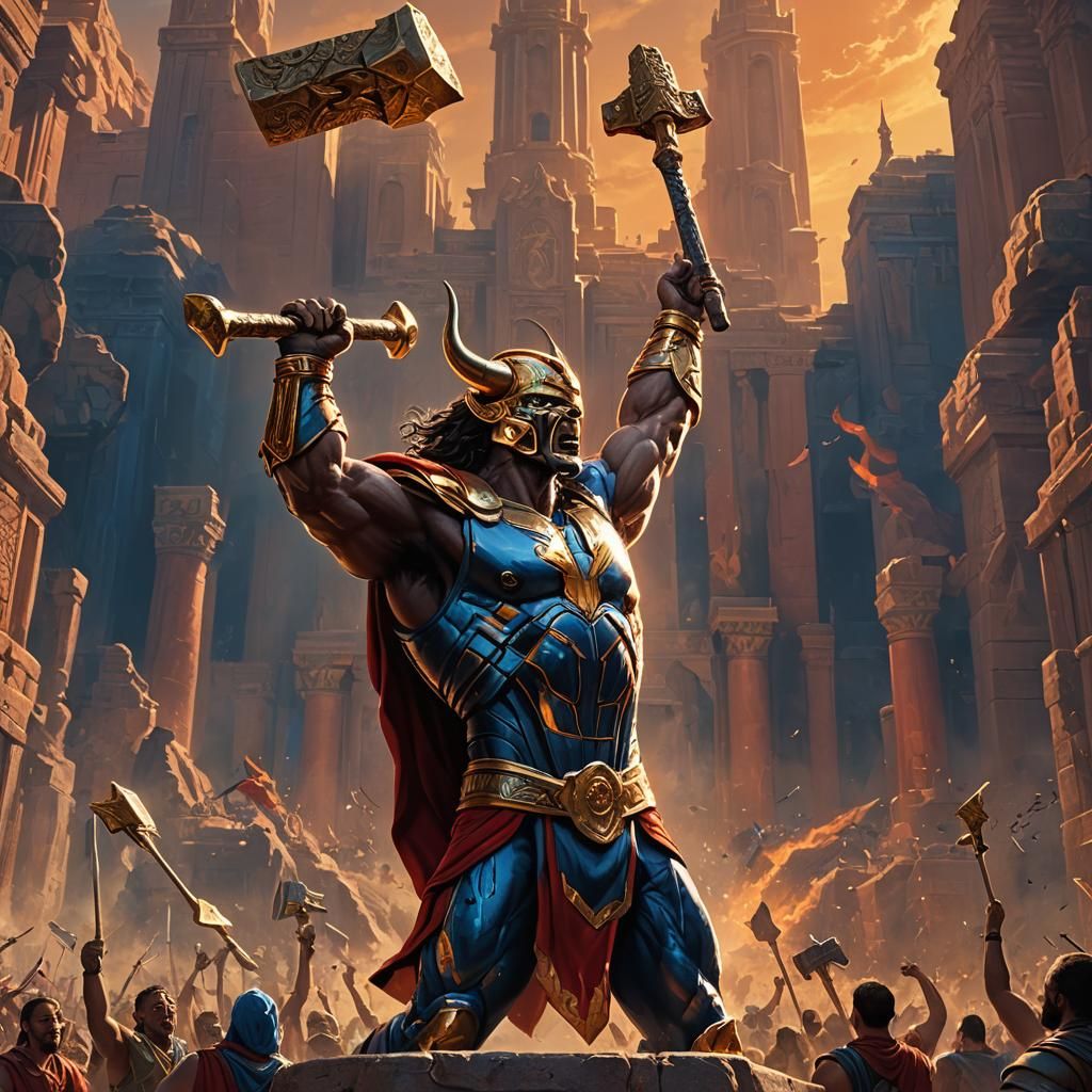 Epic Red Bull God of Troy Rises with Golden Hammer