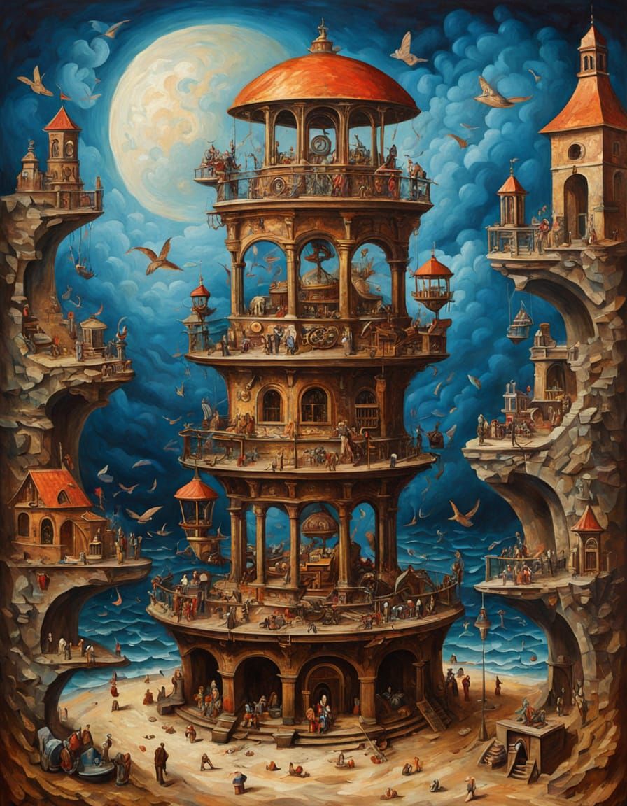 Escher-esque Architecture in Surreal Landscape