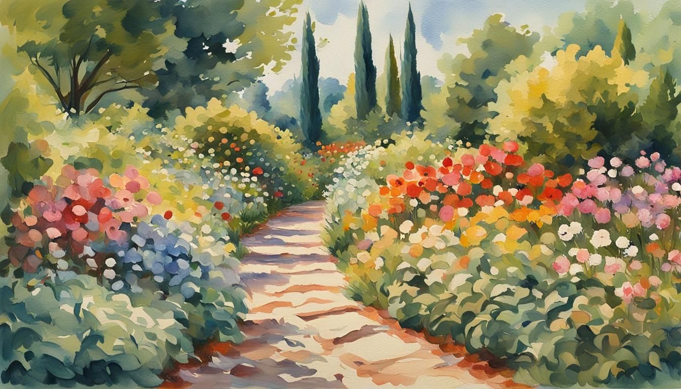 Garden Path to Wood in Gouache Watercolor Style