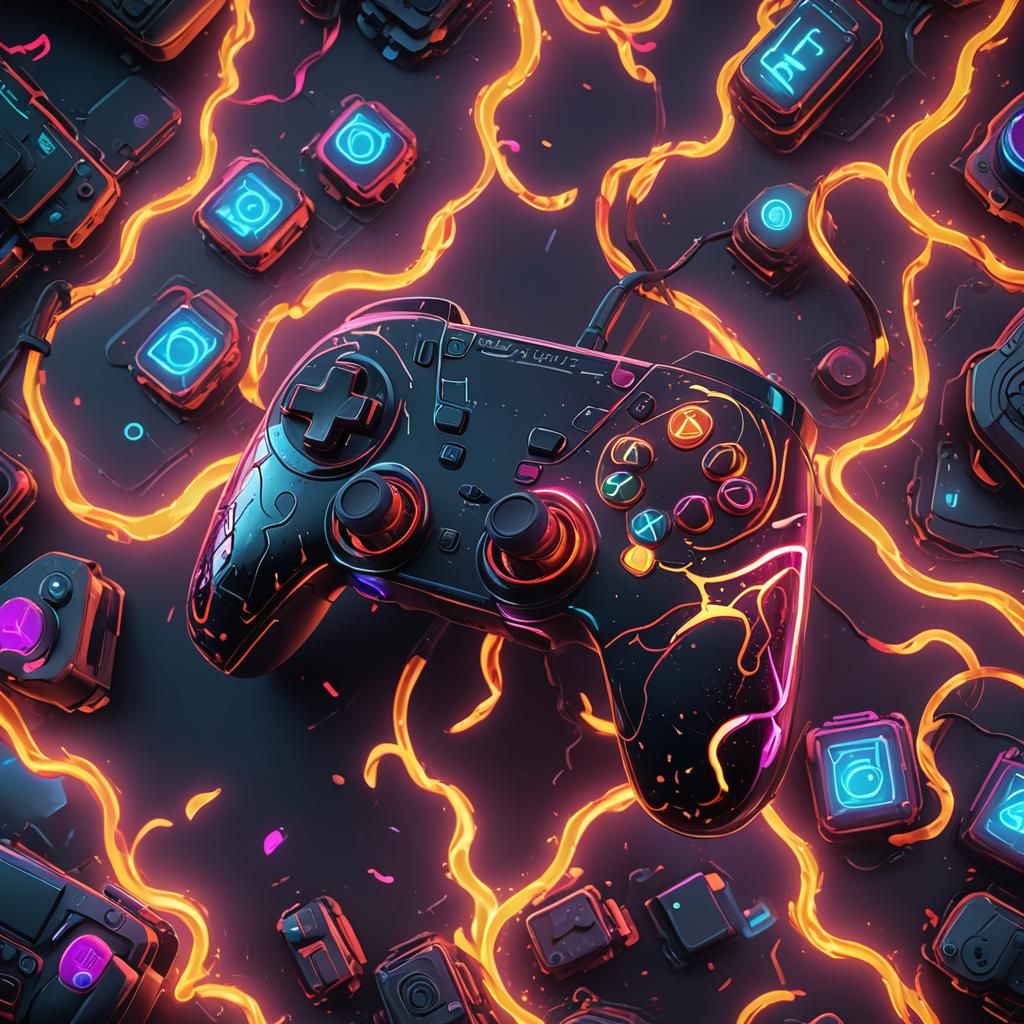 Neon Video Game Controller with Flames