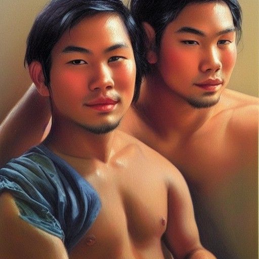 Romantic Oil Painting: Two Handsome Thai Lovers