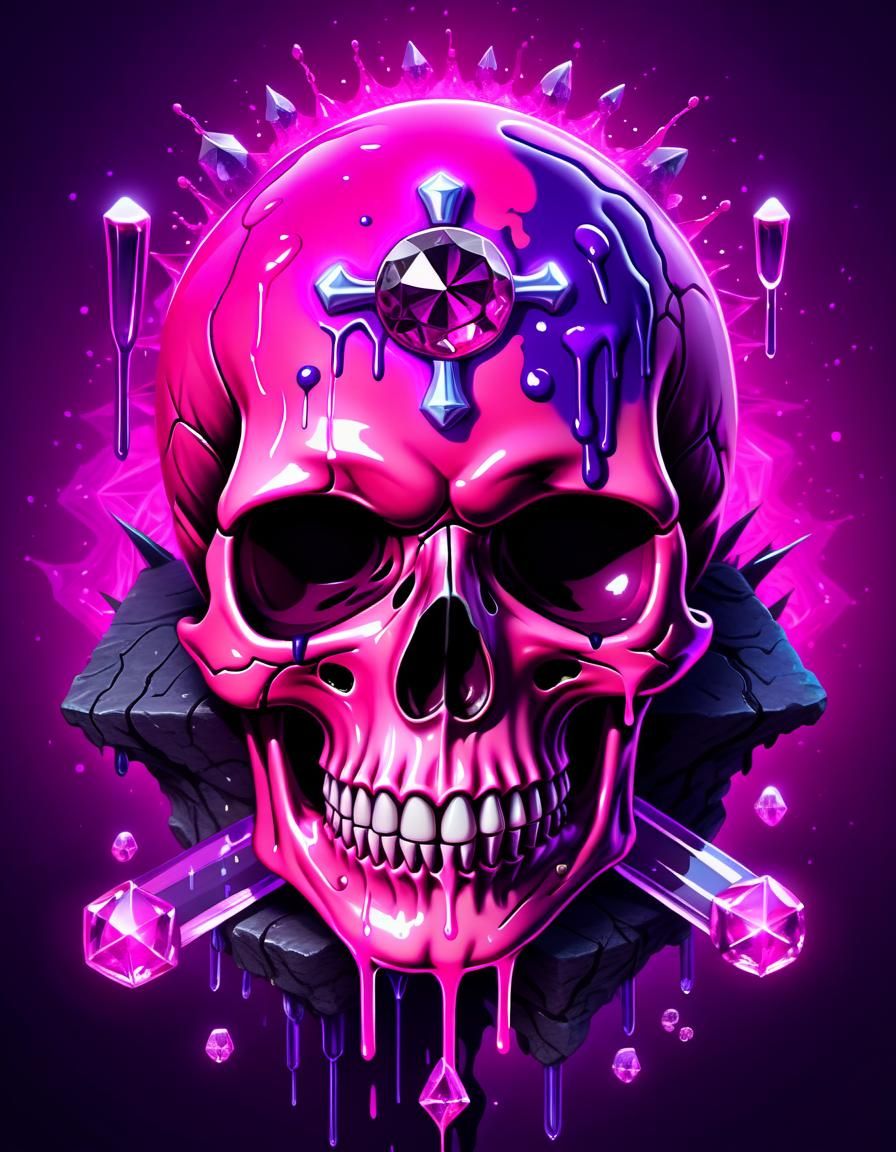 Neon Skull with Crystals and Glowing Runes