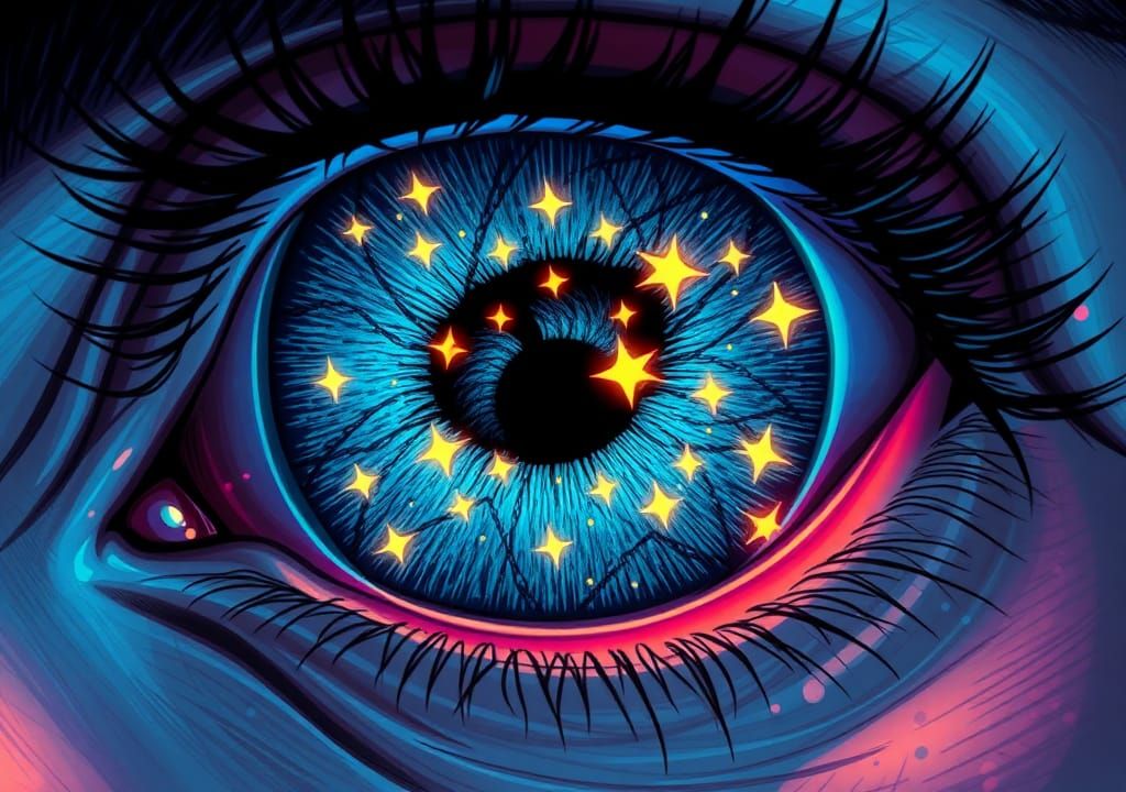 Neon Star Eyeball: Cartoonish Bioluminescent Portrait