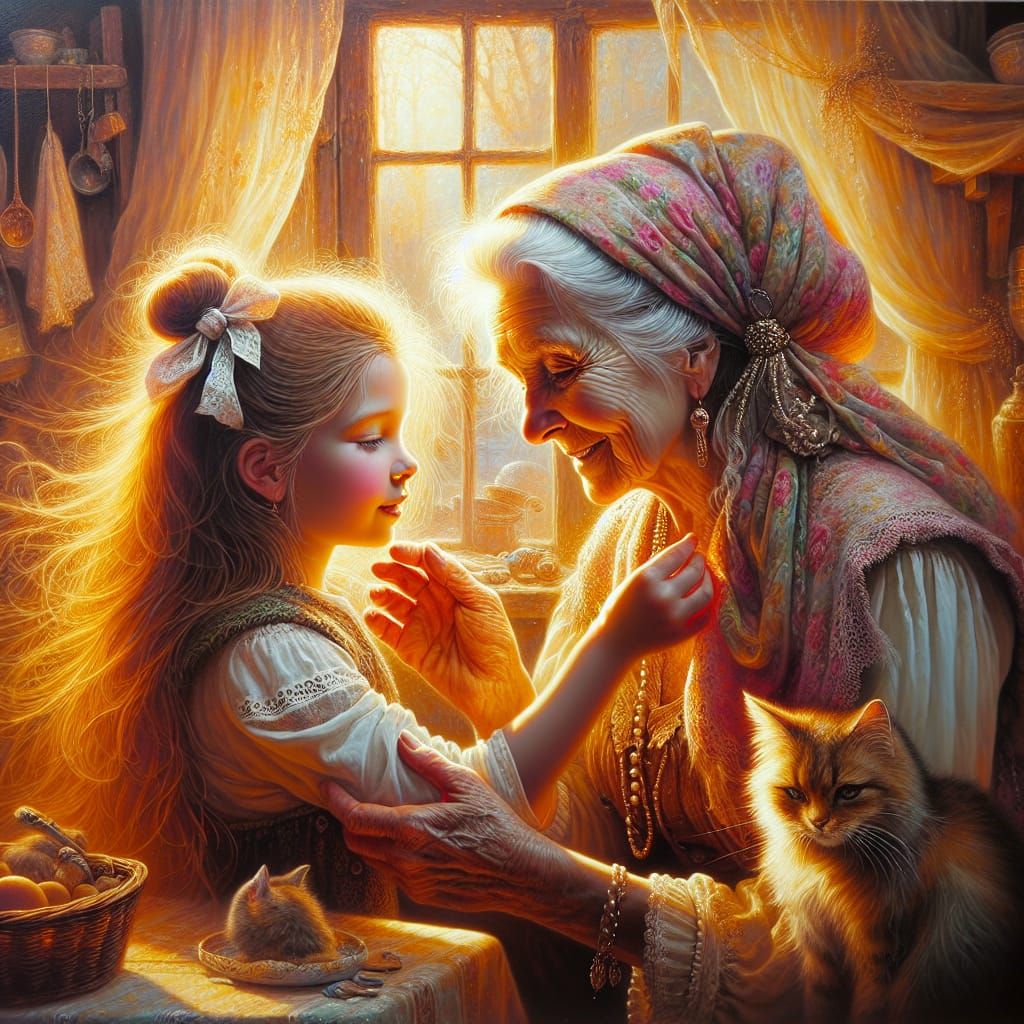 Grandmother and Granddaughter: Romantic Oil Painting