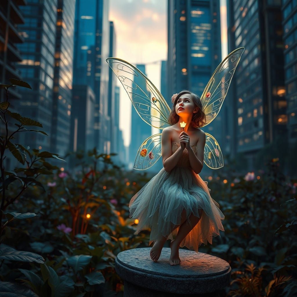 Fairy in Urban Oasis, Radiant in City Glow