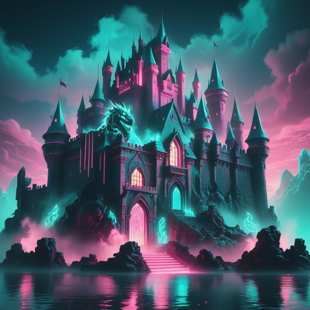Synthwave Castle with Aqua Monster in Neon Light