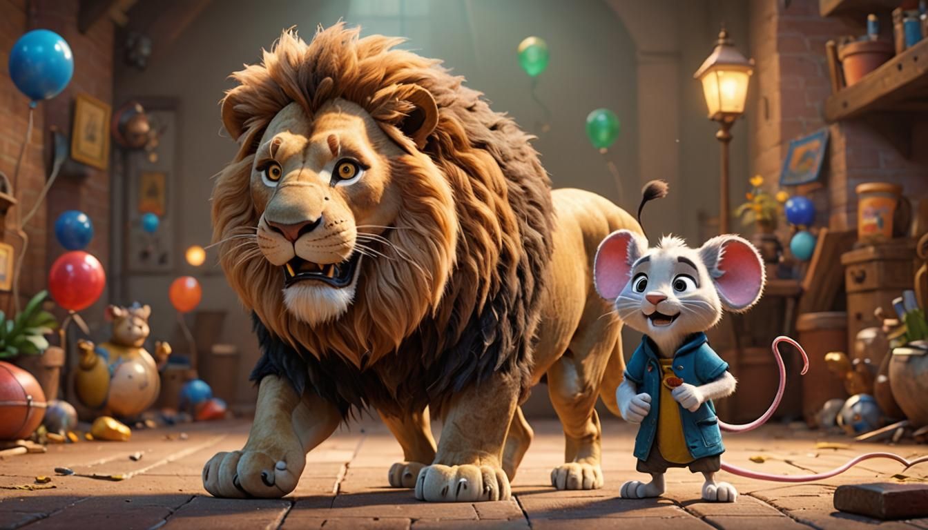 Lion and Mouse Adventure in 3D Digital Art