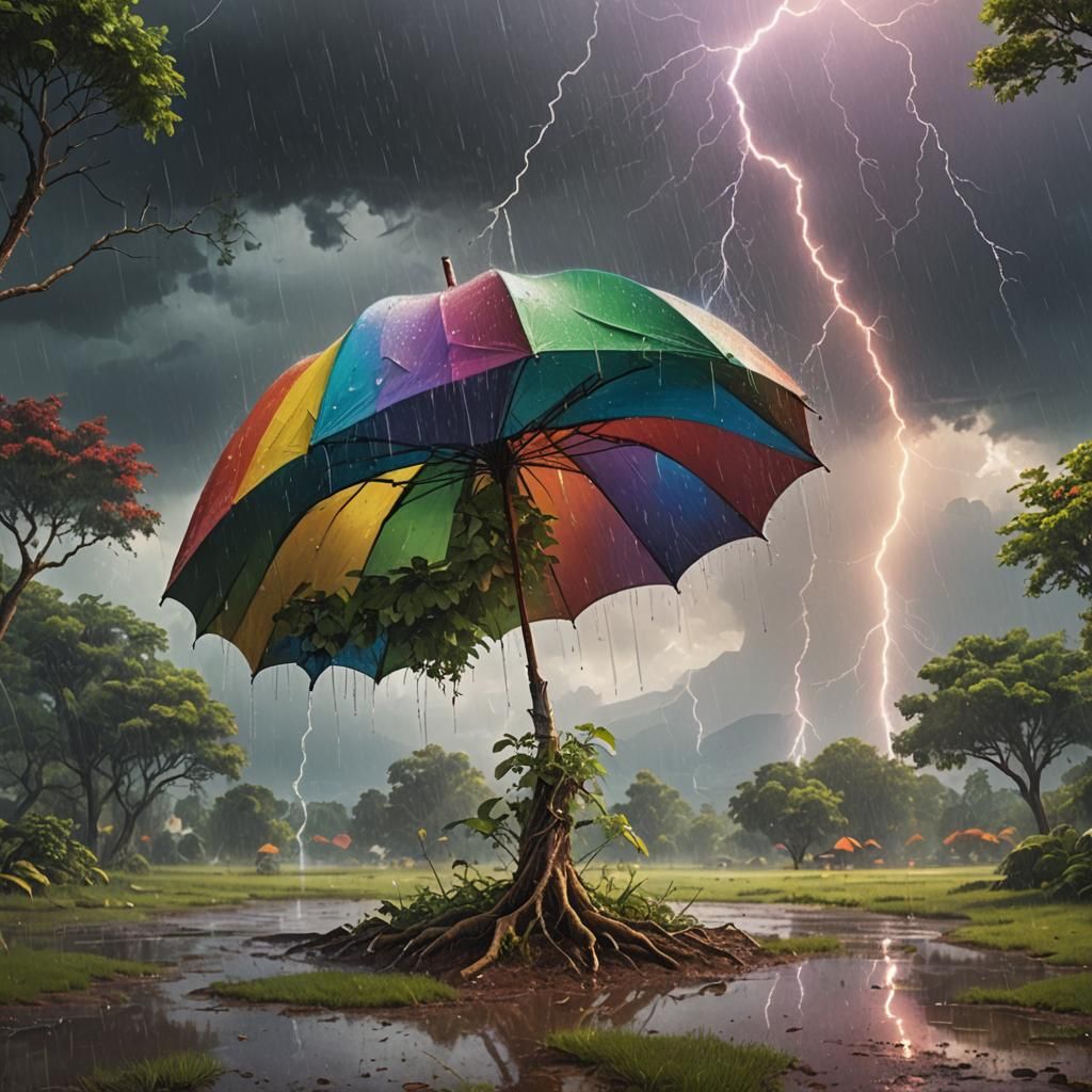Vibrant Umbrella Safeguards Sapling in Turbulent Stormscape