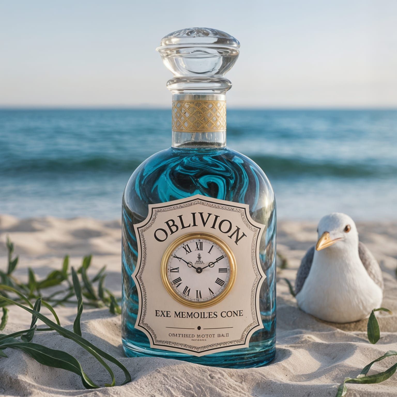 Ethereal Glass Vessel on a Beach, Filled with Dark Liquid an...