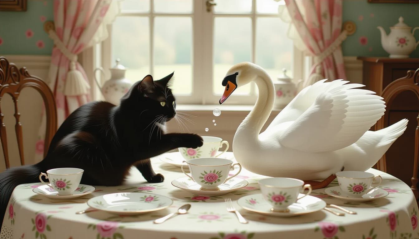 Black Cat and Swan Tea Party in Wonderland