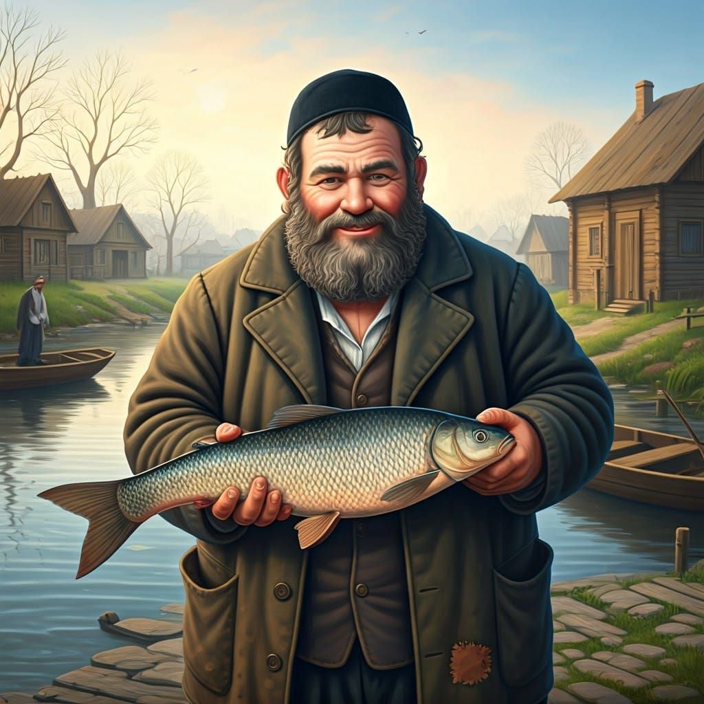 Authentic Jewish Fisherman in a Peaceful Shtetl Landscape