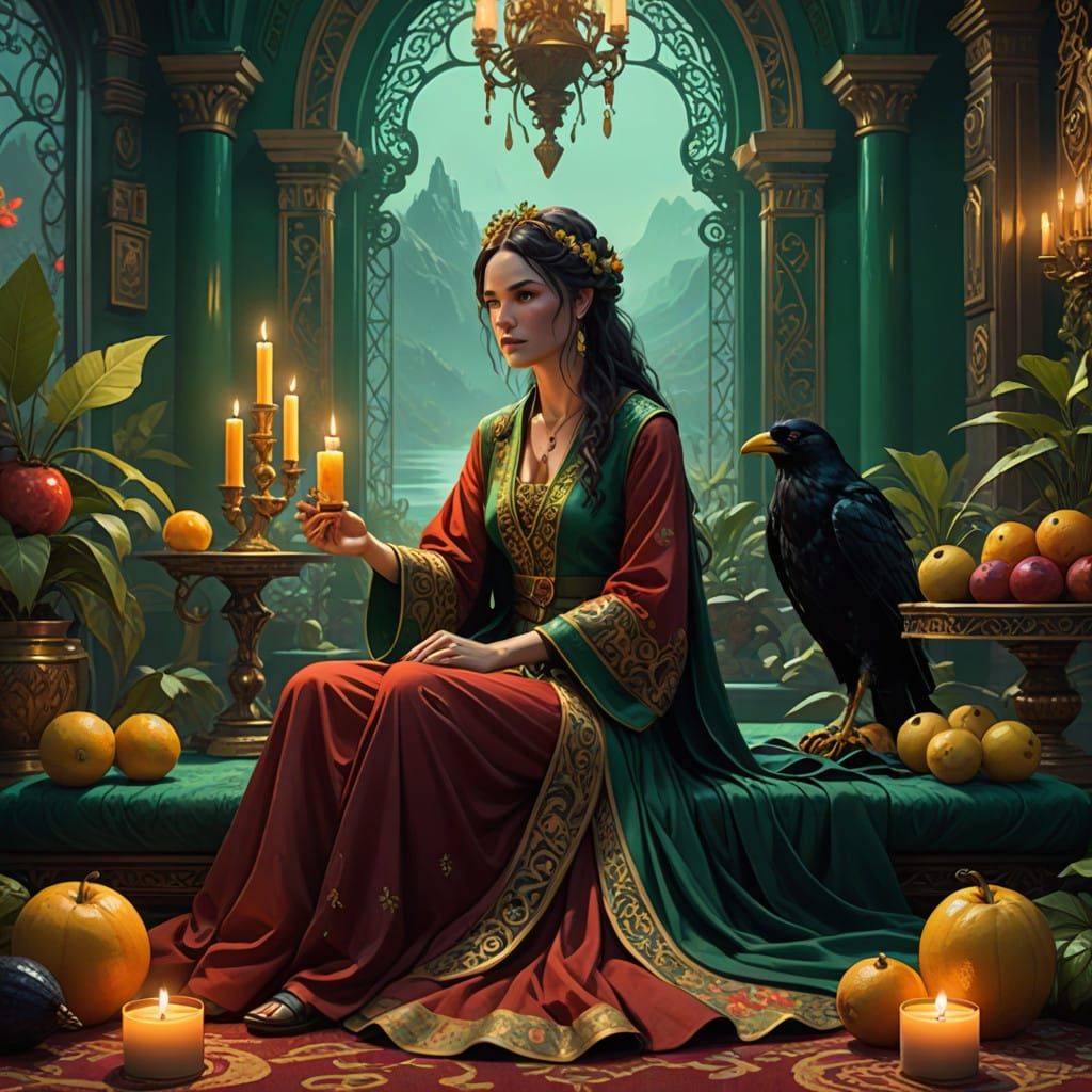 Ethereal Woman in Crimson Red Gown on Emerald Carpet with Fr...