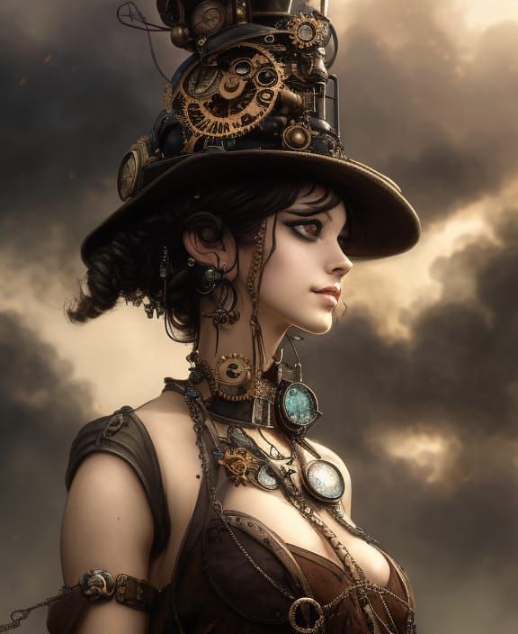 Steampunk Lady in Cityscape with Vibrant Colors