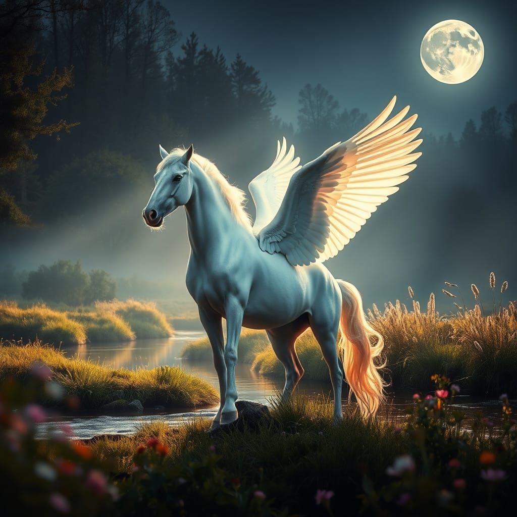 Pegasus Reigns in Lunar Glow: A Majestic Vision as Watercolo...