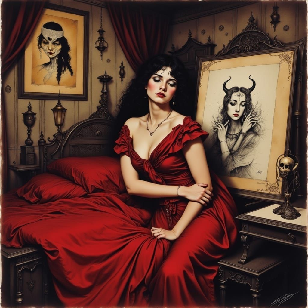 Ethereal Countess in Blood-Red Raso, Charcoal Sketches Danci...