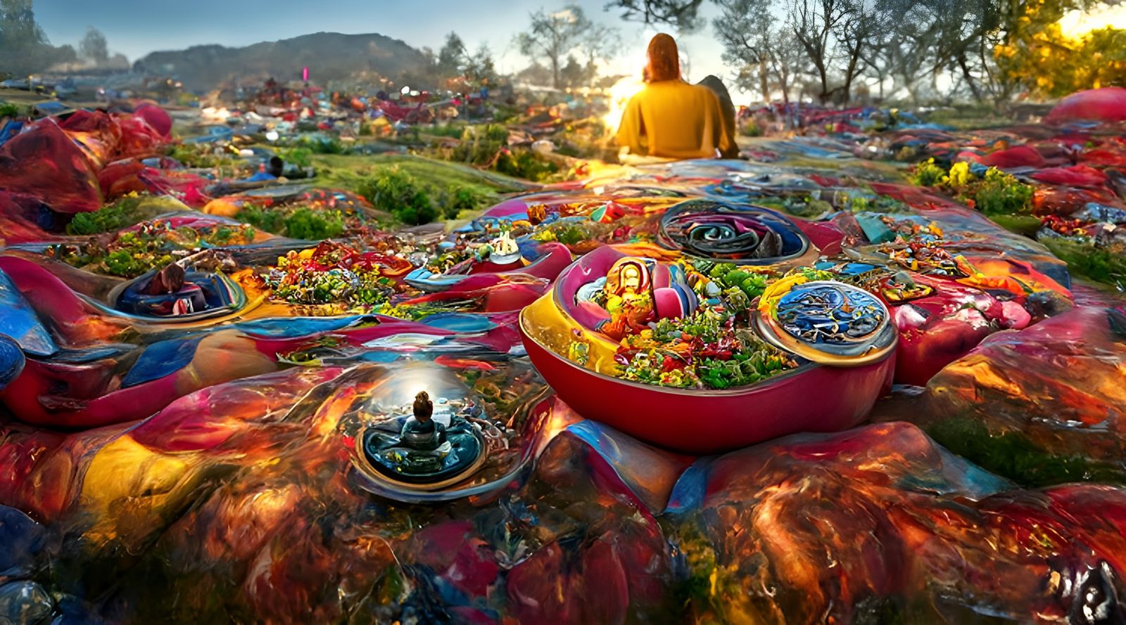 Colorful Nirvana Vista with Mandalas and Religious Symbols