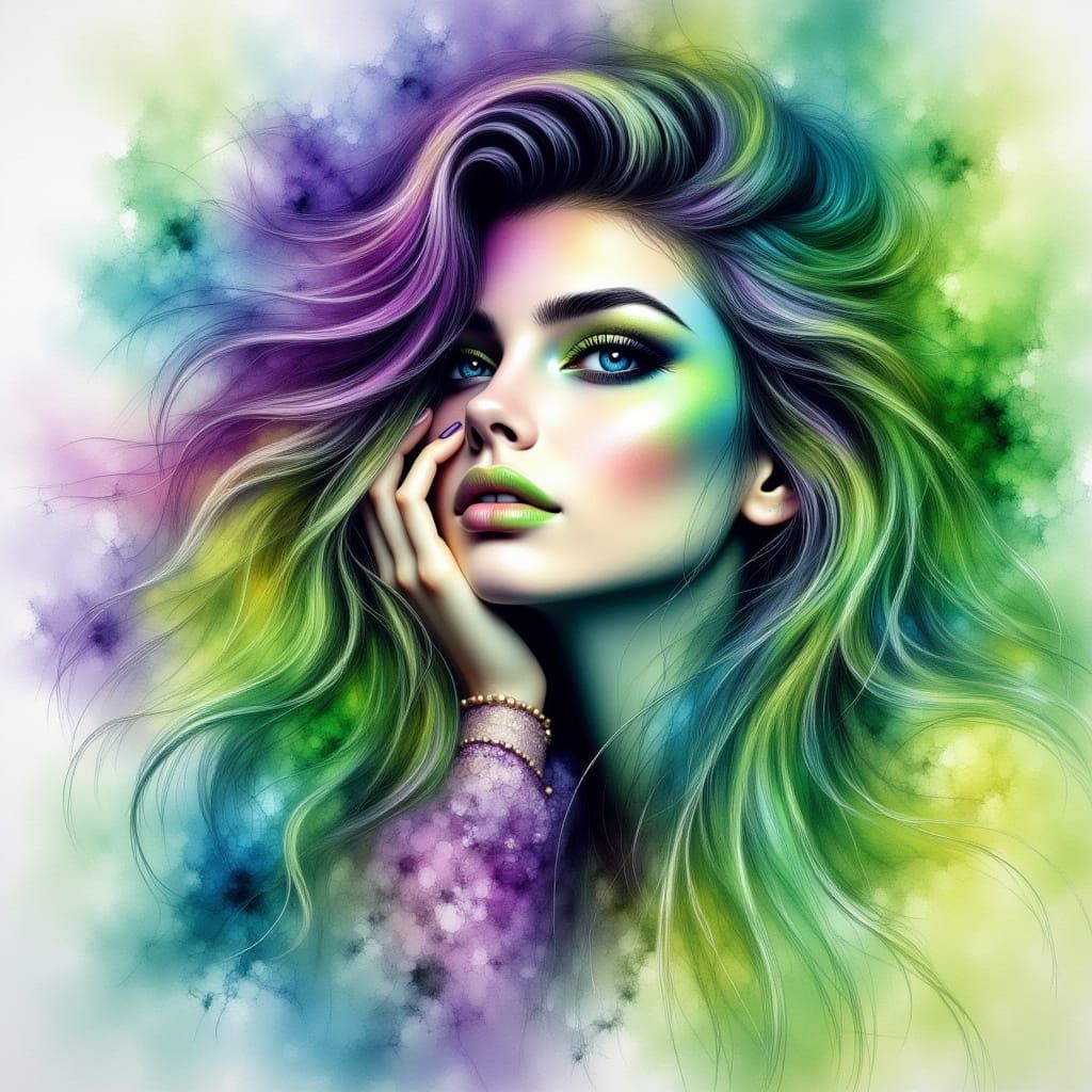 Ethereal Woman in Lime Green and Purple Watercolor
