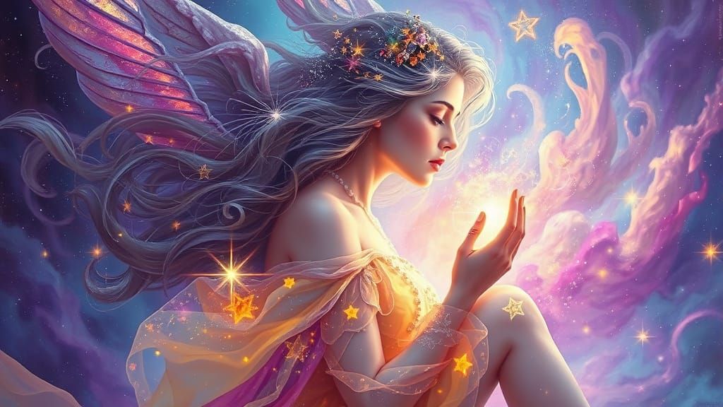 Celestial Goddess Weeping Light in Dreamy Nebula