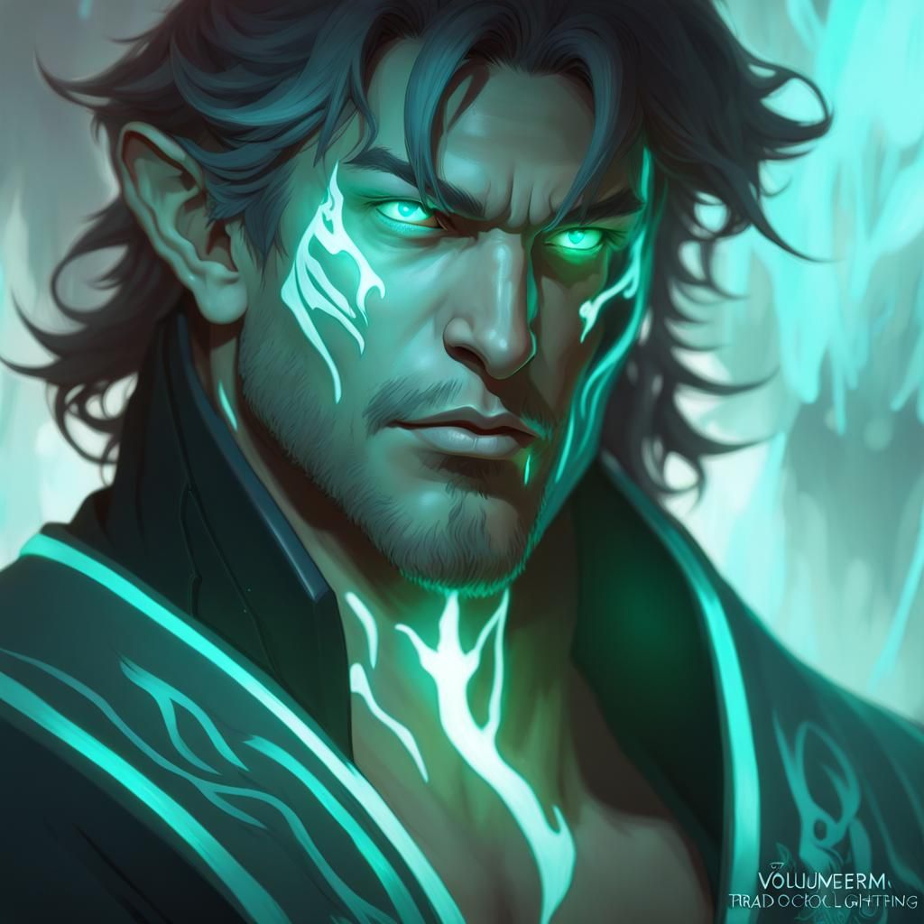 Handsome Warlock Portrait in Bioluminescent Forest